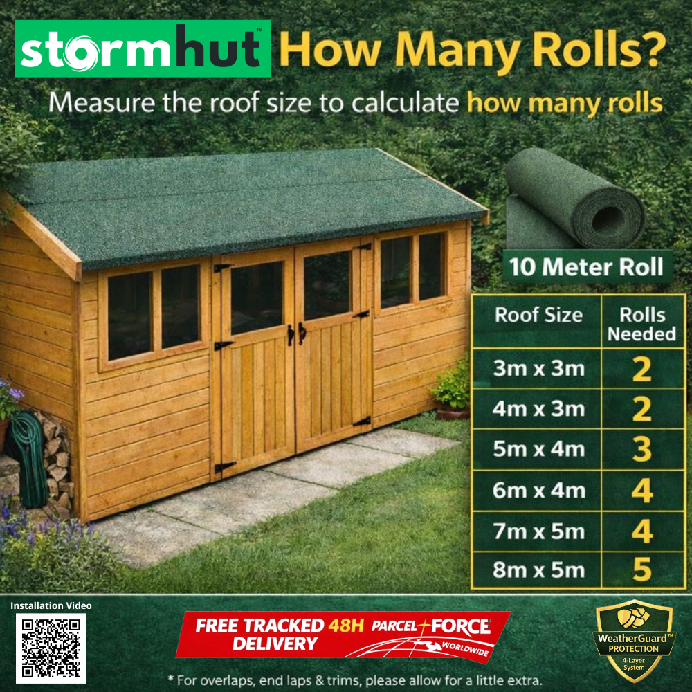 Stormhut CLASSIC Heavy Duty Shed Felt Roofing Roll 10m x 1m – Polyester Fibre Reinforced Core – Green Mineral Roofing Felt – Waterproof Shed Roof Covering