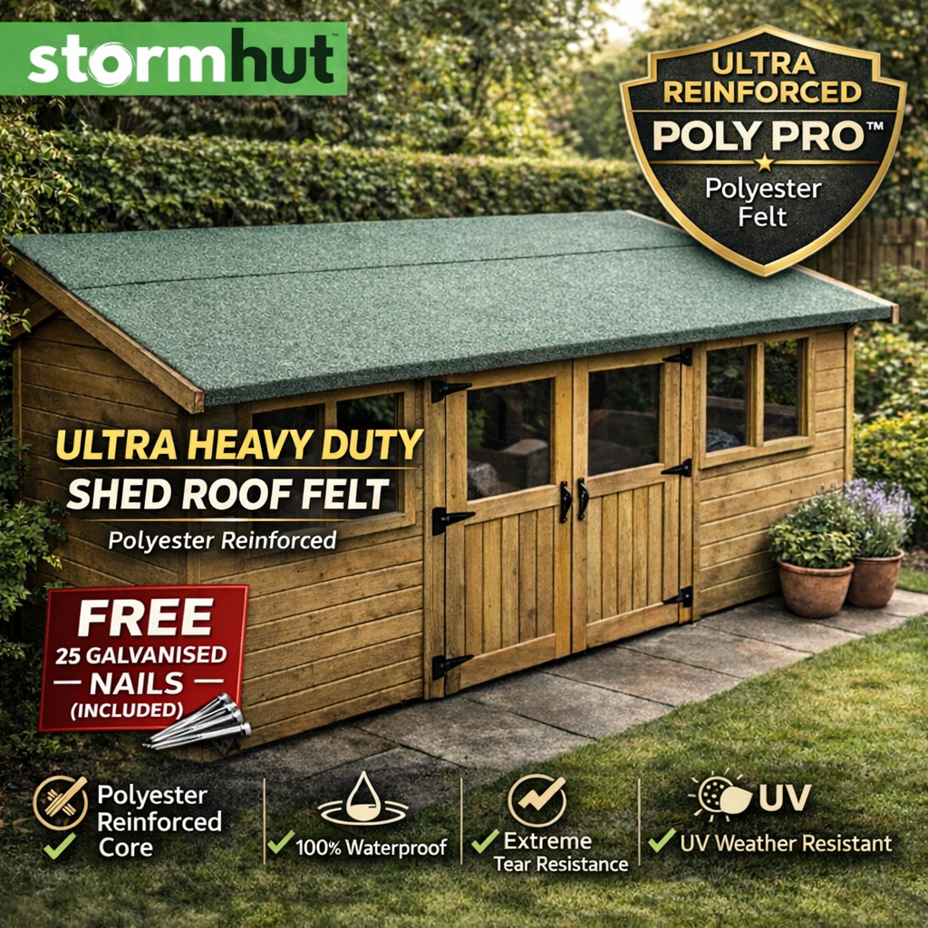 Stormhut CLASSIC Heavy Duty Shed Felt Roofing Roll 10m x 1m – Glass Fibre Reinforced Core – Green Mineral Roofing Felt – Waterproof Shed Roof Covering – Nails Included