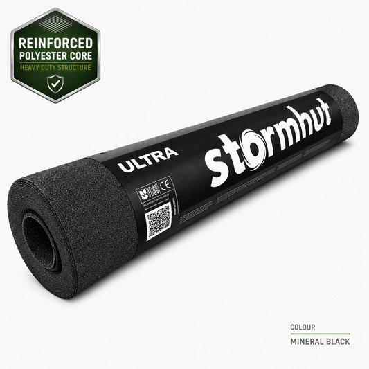 Stormhut ULTRA Heavy Duty Shed Roof Felt (Charcoal Black) 10m x 1m Heavy Duty Polyester Reinforced with WeatherGuard™ 23kg Weight