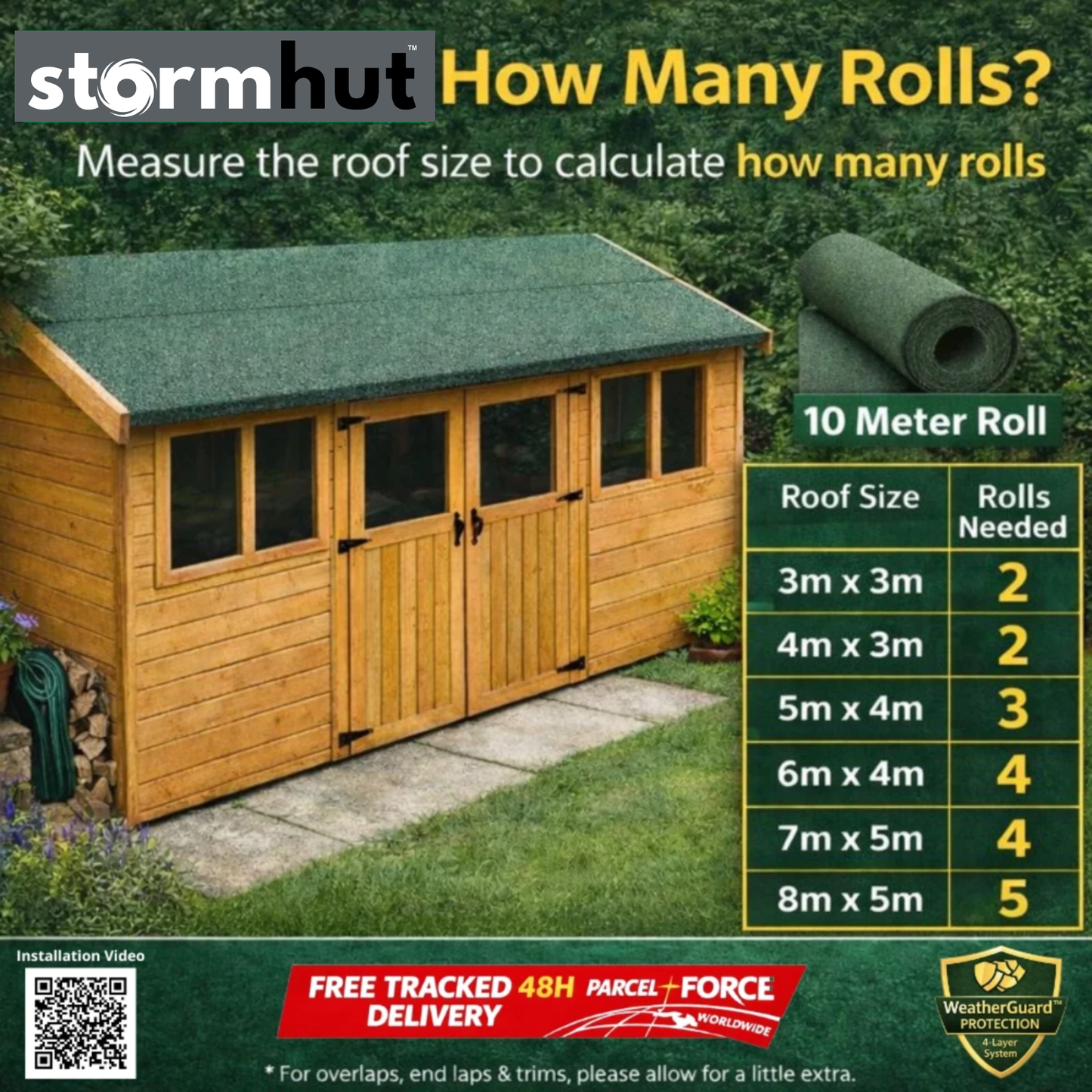 Stormhut ULTRA Heavy Duty Shed Felt 10m x 1m – Polyester Reinforced Tear Resistant Core – Mineral Green Roofing Felt Roll – Waterproof, Flexible and Crack Resistant – Nails Included