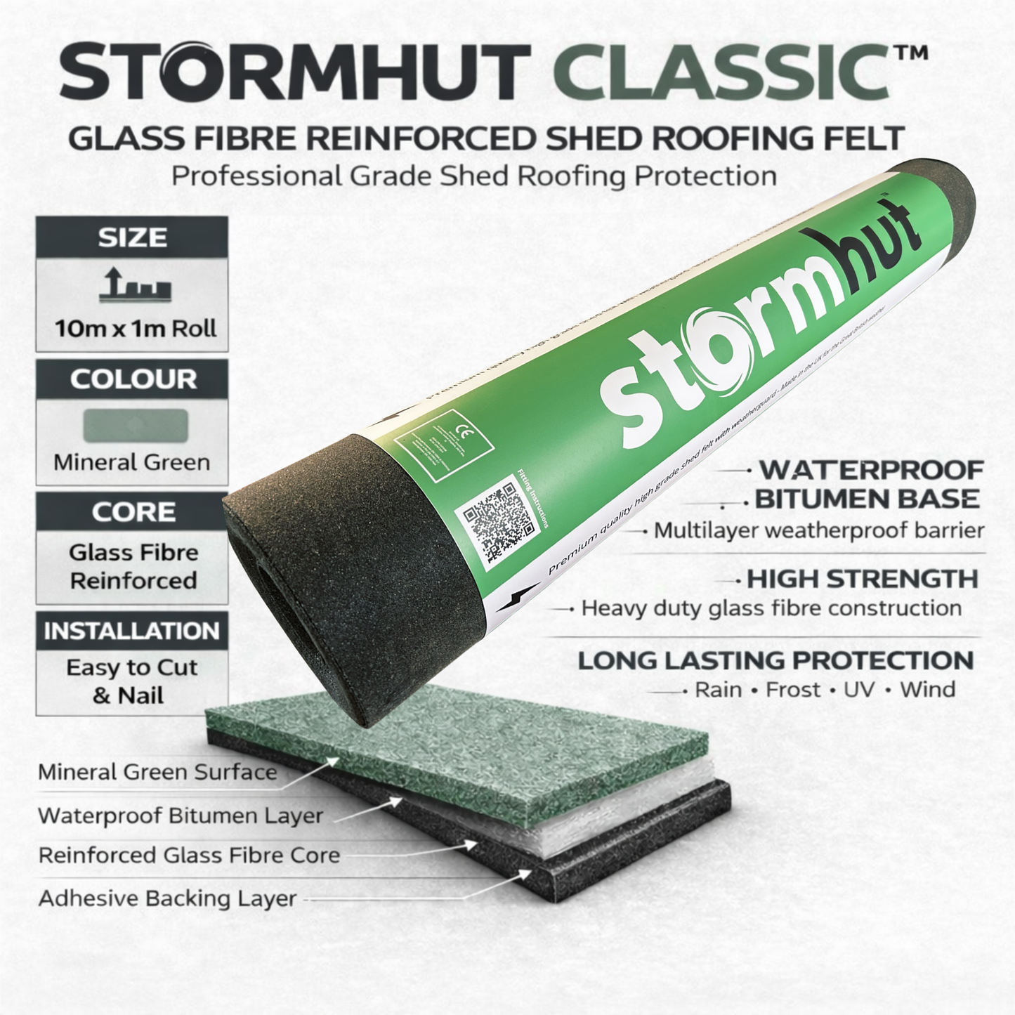 Stormhut CLASSIC Heavy Duty Shed Felt Roofing Roll 10m x 1m – Glass Fibre Reinforced Core – Green Mineral Roofing Felt – Waterproof Shed Roof Covering – Nails Included