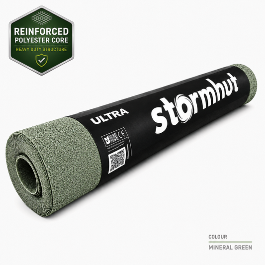 Stormhut ULTRA Heavy Duty Shed Felt 10m x 1m – Polyester Reinforced Tear Resistant Core – Mineral Green Roofing Felt Roll – Waterproof, Flexible and Crack Resistant – Nails Included - 23kg Weight
