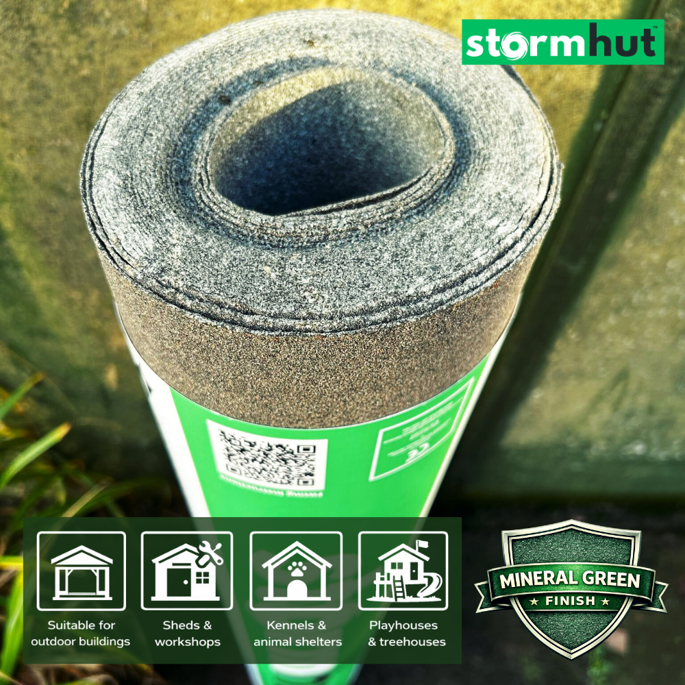 Stormhut CLASSIC Heavy Duty Shed Felt Roofing Roll 10m x 1m – Glass Fibre Reinforced Core – Green Mineral Roofing Felt – Waterproof Shed Roof Covering – Nails Included